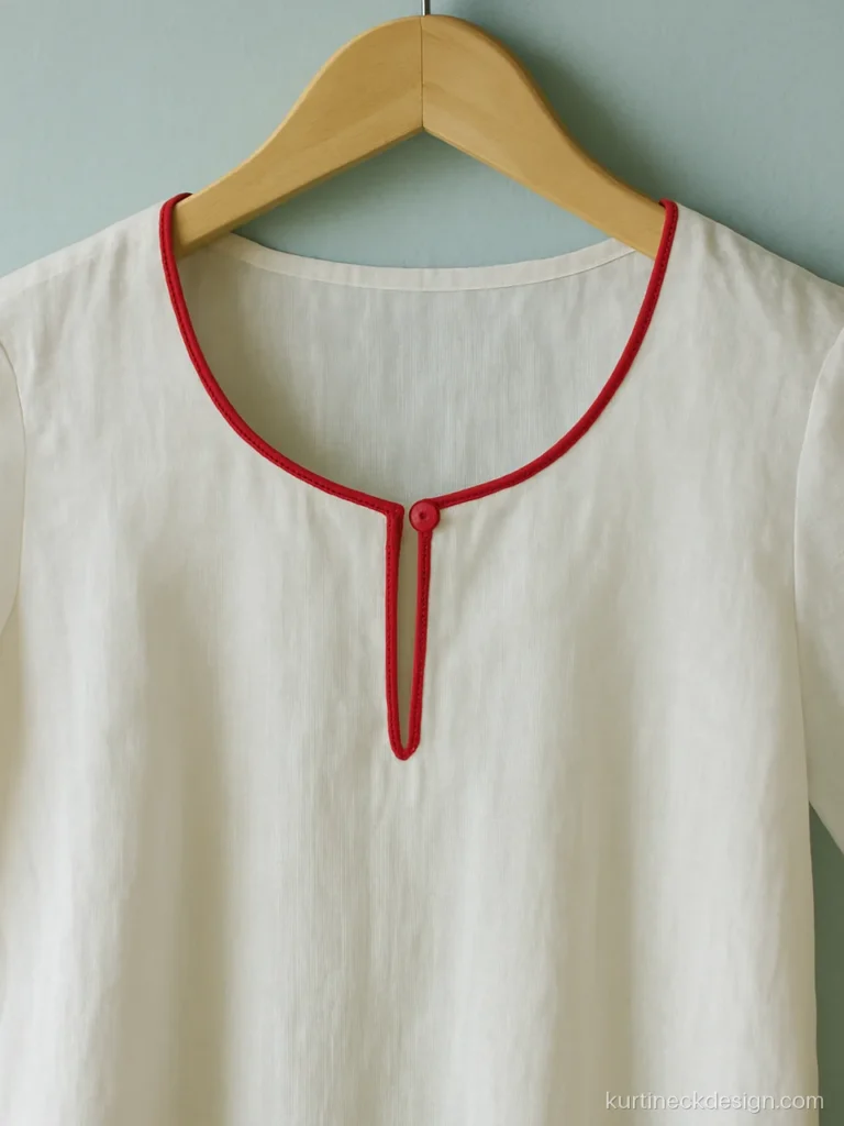 White cotton kurti neck with single red piping and a small front keyhole