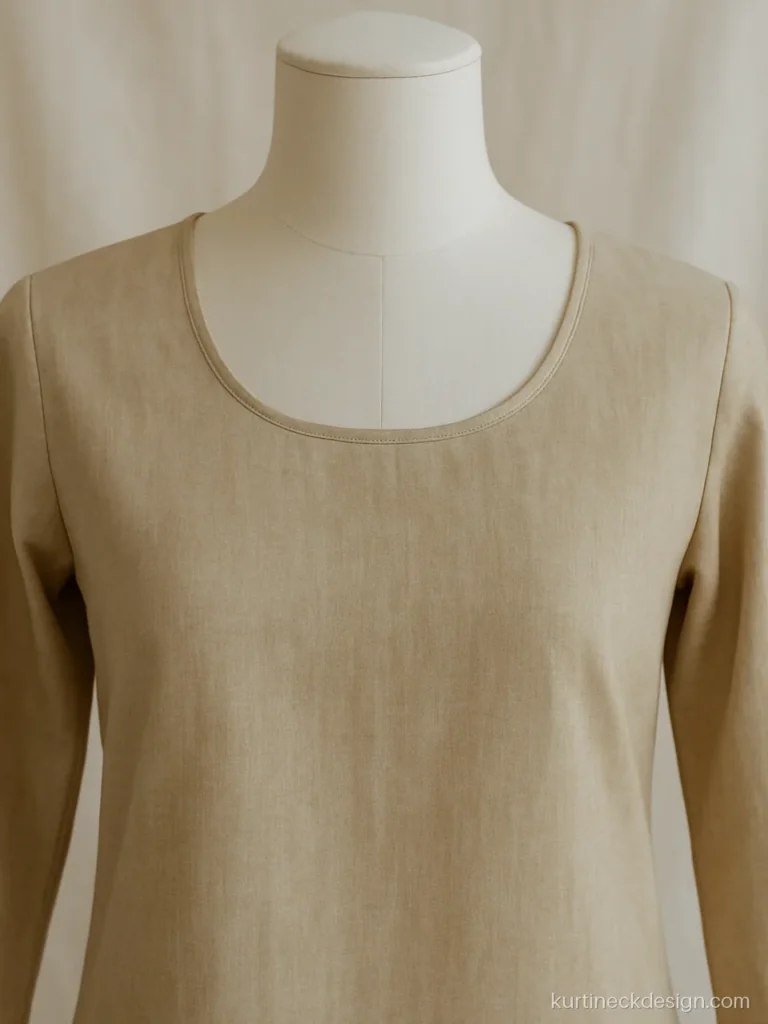 Round kurti neck with single self piping in beige cotton for daily wear