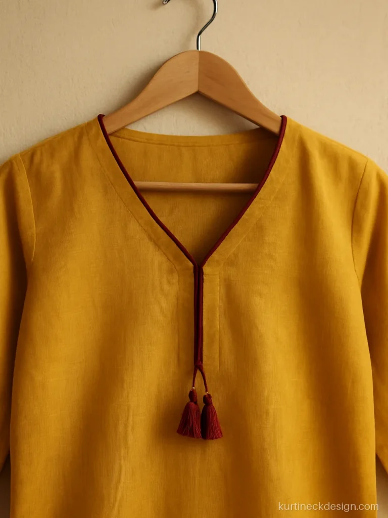 V neck kurti with contrast maroon piping and two small latkans at the point