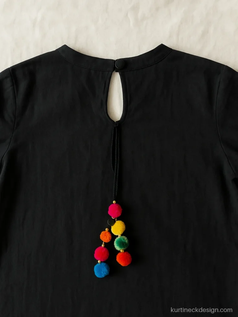 Unique Punjabi neck design for suit back in black cotton with pom pom latkans