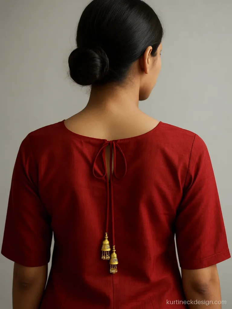 Dori Punjabi suit back neck design with latkan tassels on a red cotton silk suit