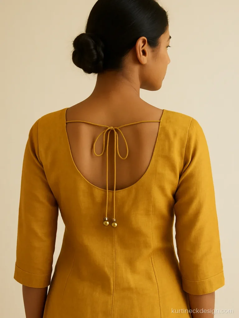 Patiala suit back neck design in mustard with a U back and ghungroo dori