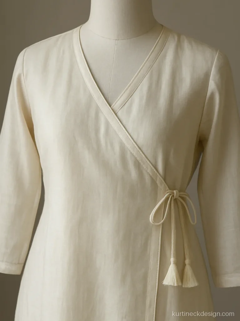 Farshi salwar suit neck design in ivory with an angrakha overlap and side tie