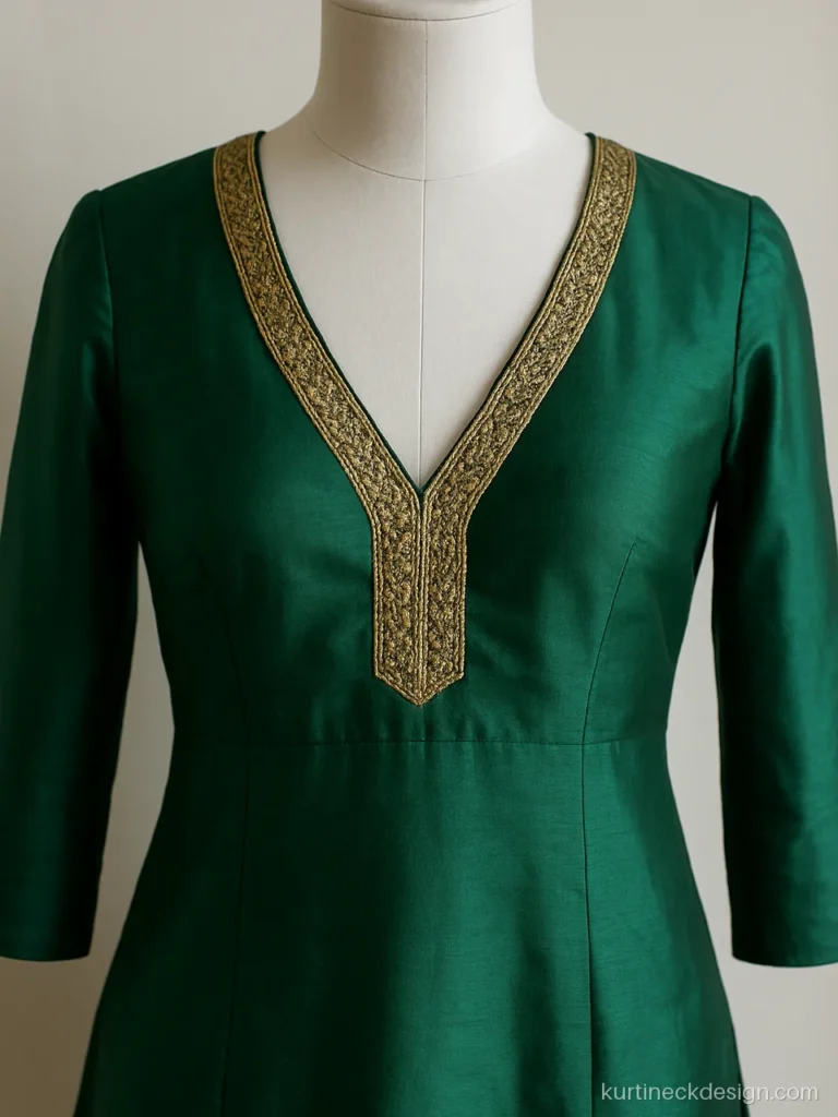 Deep V neck Patiala suit design in emerald silk with a zardosi border