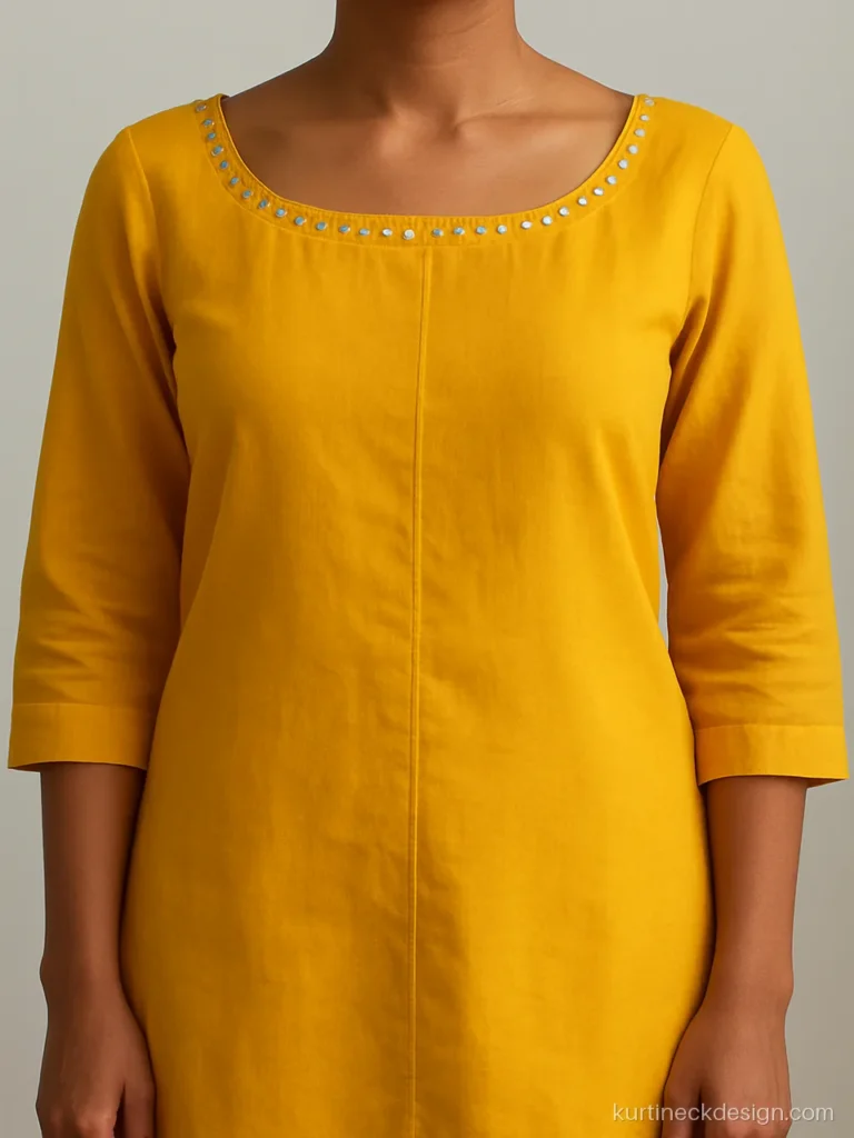 Modern Patiala kurti neck design in yellow with a boat neck and mirror work