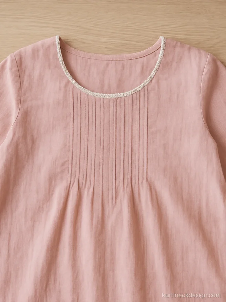 Modern Punjabi suit neck design in baby pink with a round neck and pintuck yoke