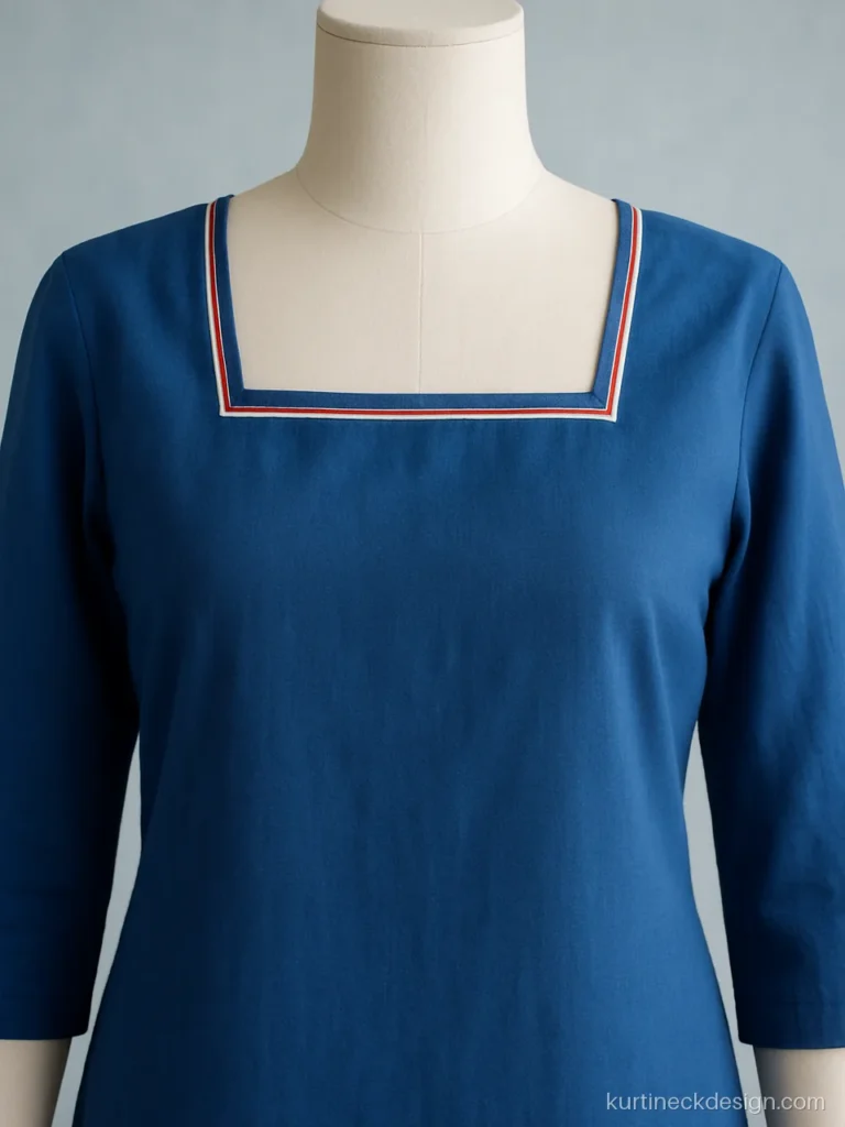 Salwar suit neck design in cobalt blue cotton with a square neck and double piping