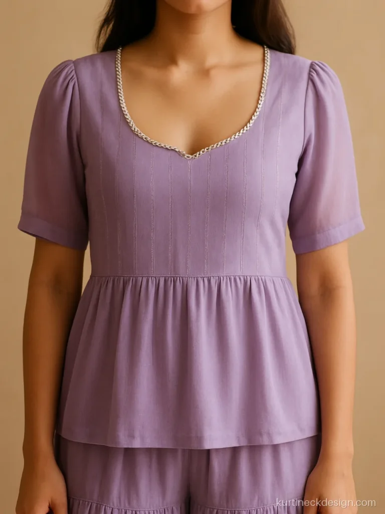 Sharara suit neck design in lavender georgette with a deep round neck and pearl lace