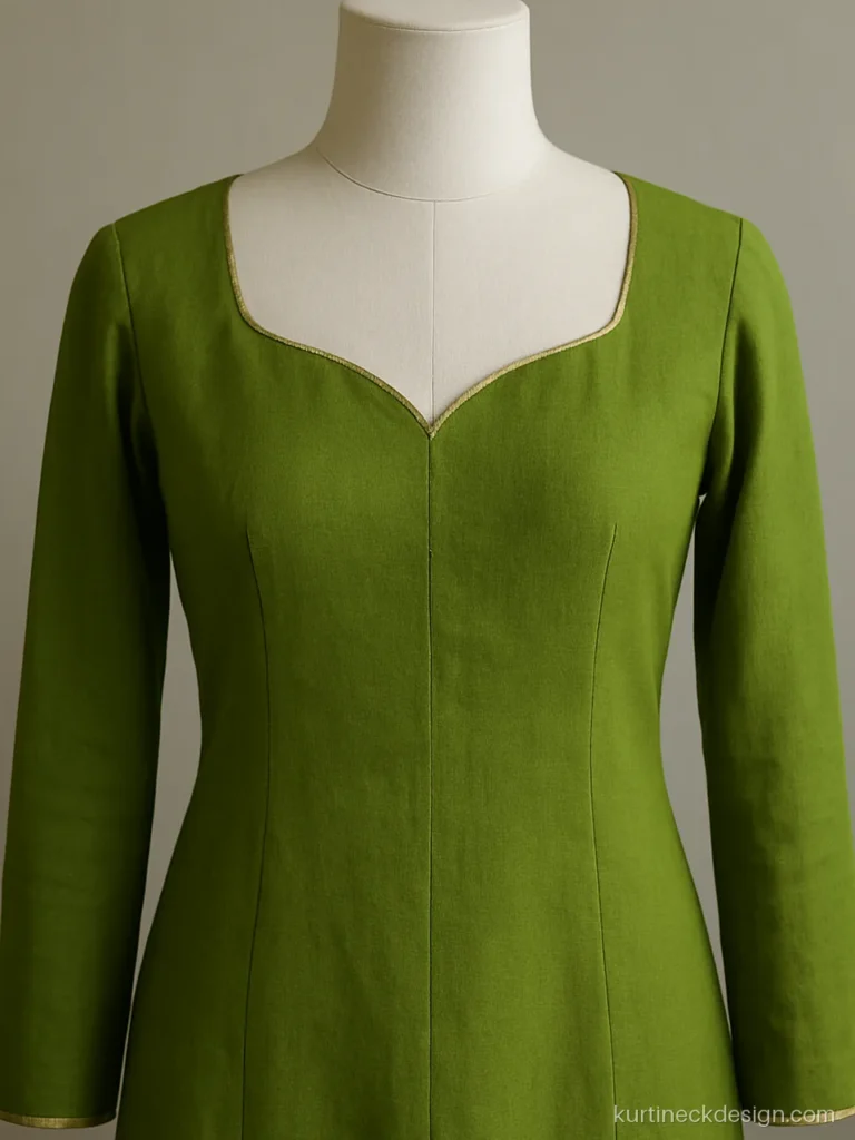 Sweetheart neck Punjabi suit design in parrot green cotton with gold gota edging
