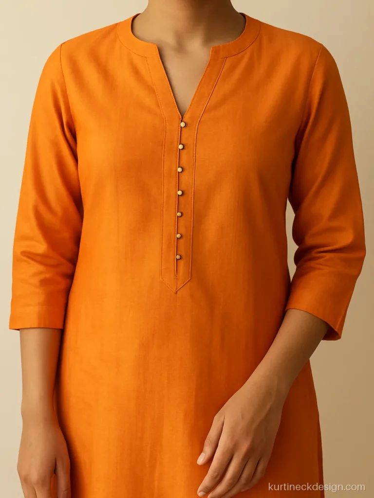 Punjabi front suit neck design in orange with a V placket and gold potli buttons