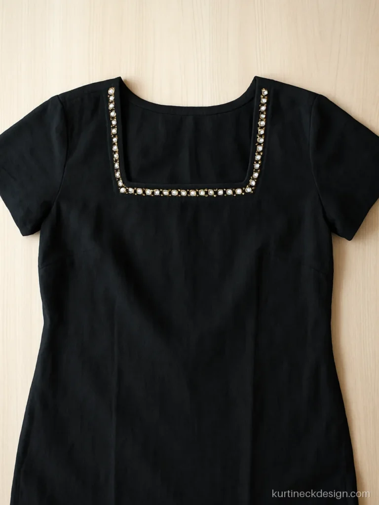 Box neck with mirror work border on a black cotton kurti laid flat