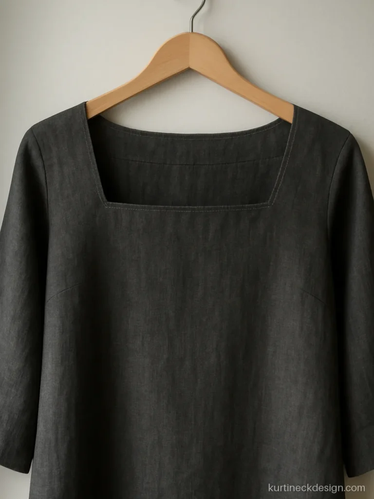 Box neck design on a charcoal linen kurti with a straight shallow front