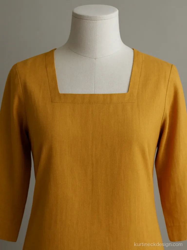 Square neck kurti design in mustard cotton with crisp mitred corners