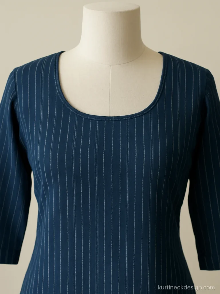 U shape neck design on an indigo cotton kurti with self piping
