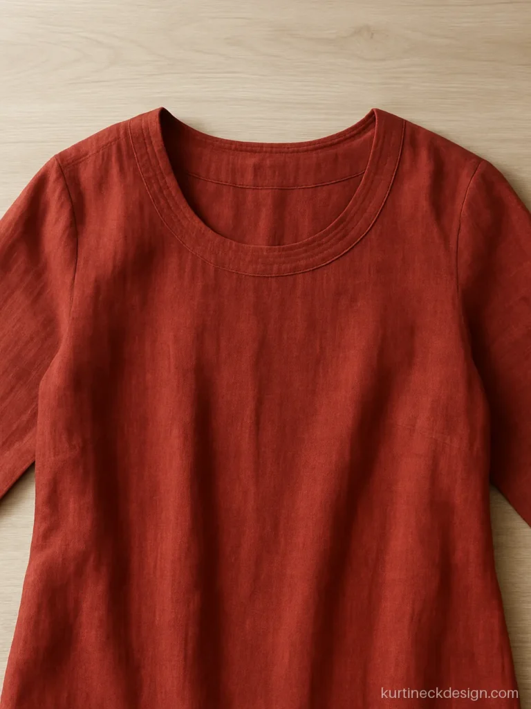 High round neck design on a brick red khadi kurti with topstitching