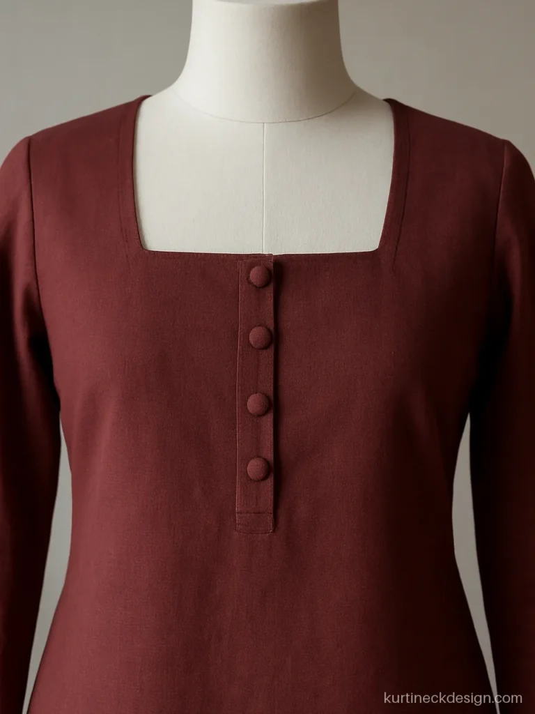 Rectangle neck design with a centre button placket on a maroon cotton suit
