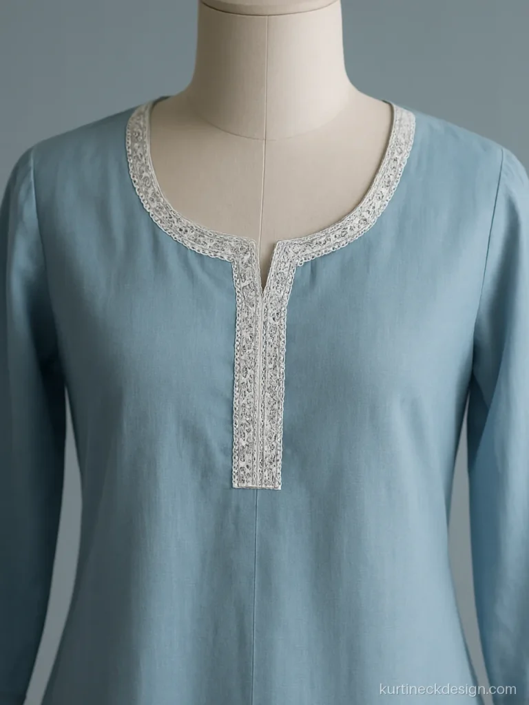 Round neck suit design with white cotton lace on a powder blue suit