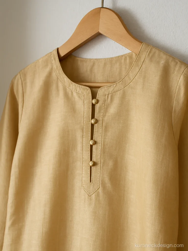 Round neck with a potli button slit on a golden chanderi kurti