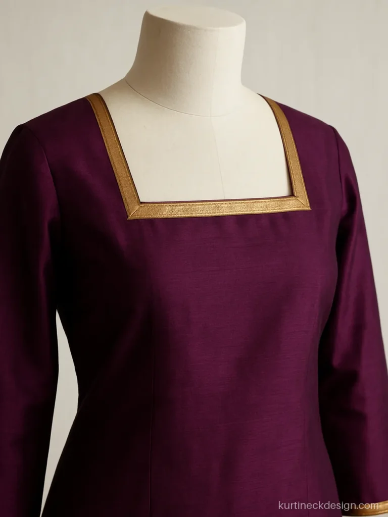 Square neck suit design in purple silk with a zari border along the edge