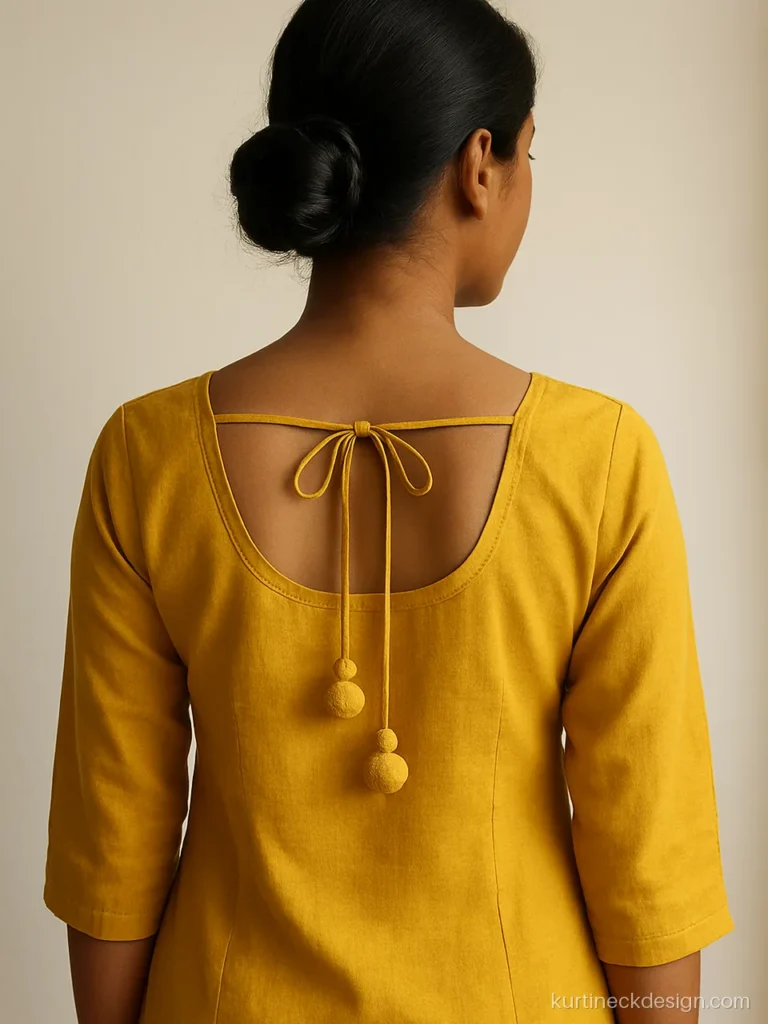 U back neck with a dori tie on a yellow cotton suit