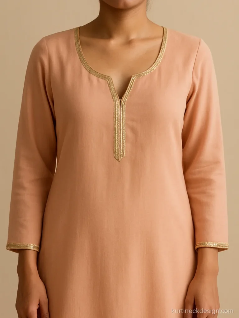U neck kurti design in peach georgette with thin gota patti edging