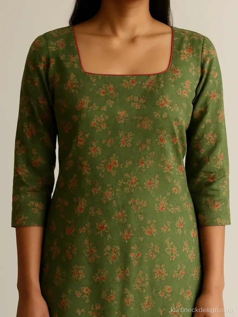 Wide square shape neck design on a green floral rayon kurti