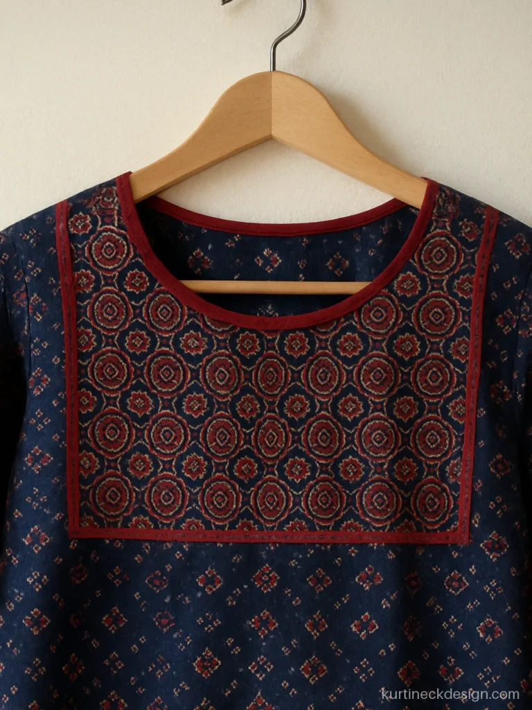 Ajrak kurti neck design in indigo and red print with a round neck and piping