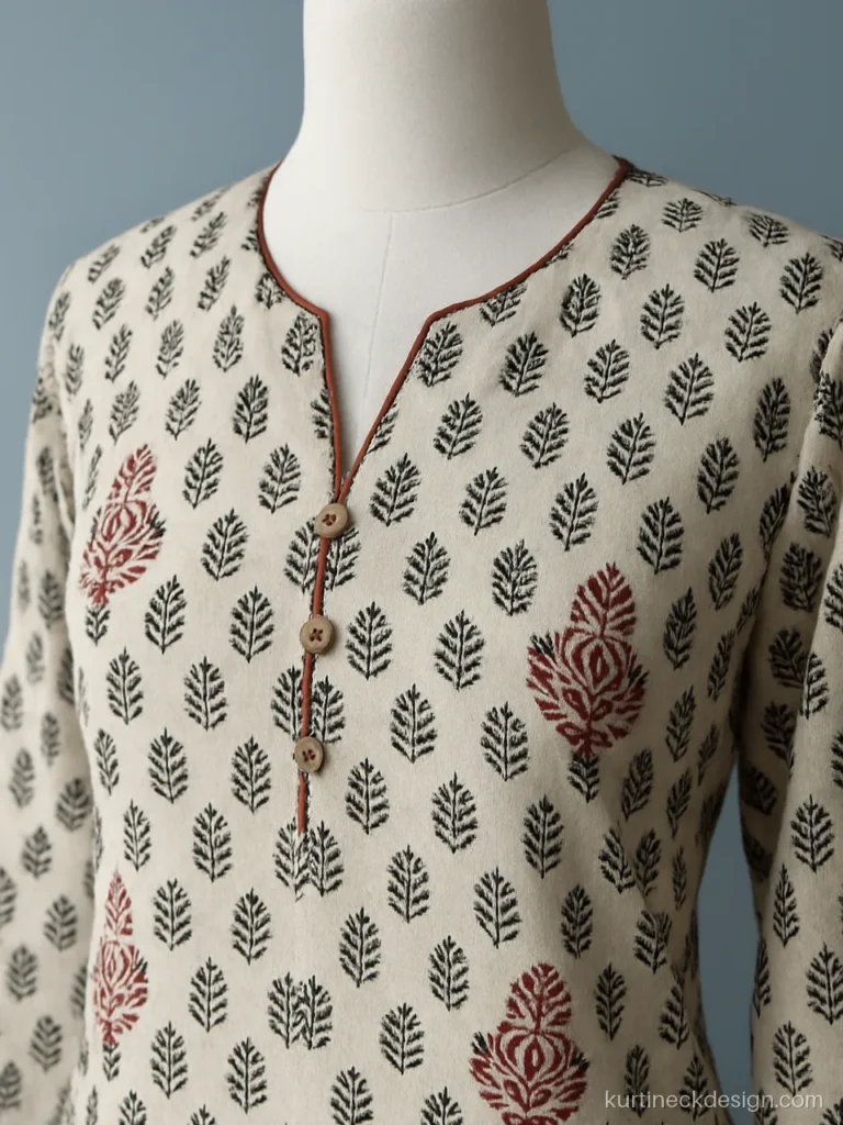 Bagh print suit neck design in cream and black with a V and button placket
