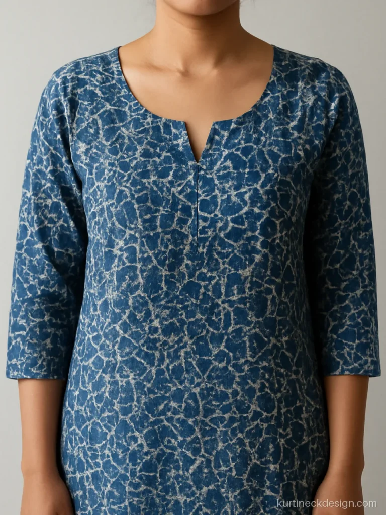 Printed kurti neck design in blue batik cotton with a soft U neck