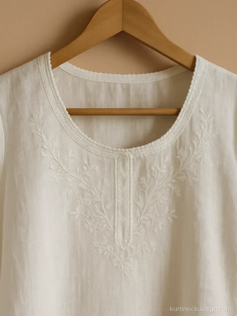 White cotton kurti with a chikan look round neck and scalloped edge