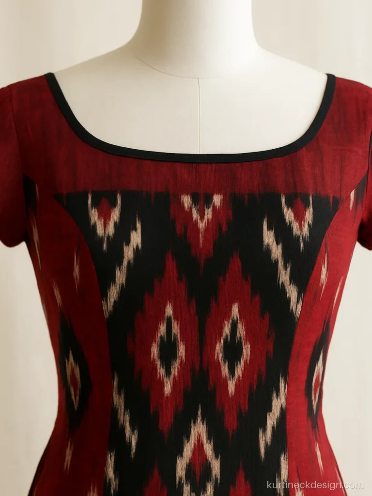 Boat neck piping Sambalpuri dress neck design in red and black ikat cotton