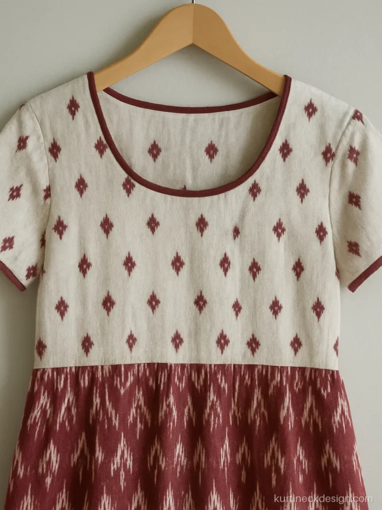 Sambalpuri dress neck design in white ikat with a round neck and maroon piping