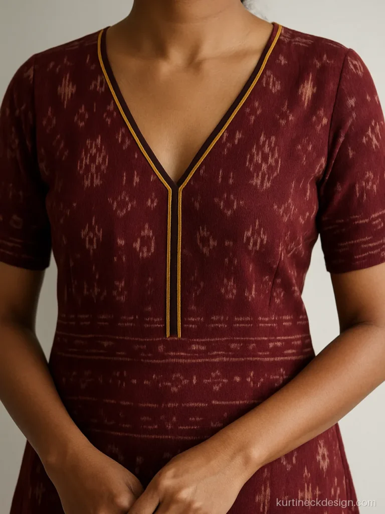 Maroon Sambalpuri dress with a V neck and double piping in mustard and black
