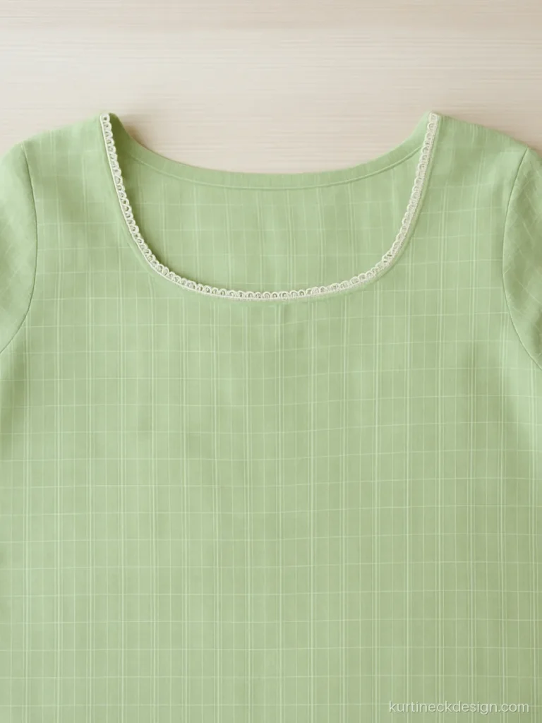 Kota doria suit neck design in light green with a boat neck and cotton lace
