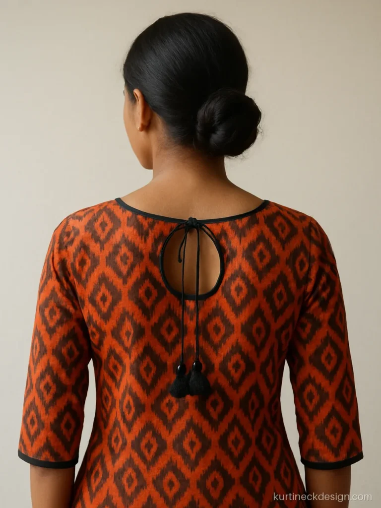 Sambalpuri kurti back neck design in orange ikat with a keyhole and dori