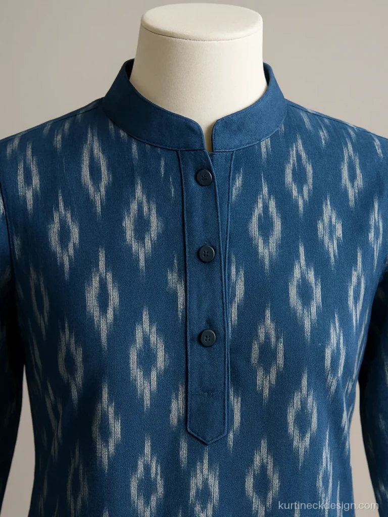 High neck Sambalpuri kurti design in blue ikat with a short front placket