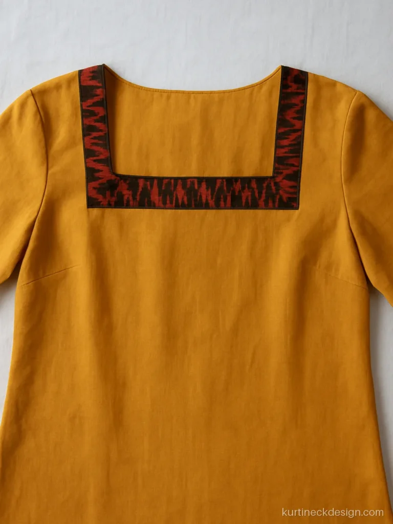 Neck design for Sambalpuri kurti with an ikat patti on plain mustard cotton