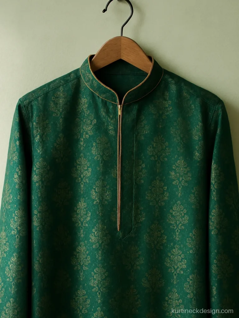 Brocade suit neck design with Chinese collar on green Banarasi brocade