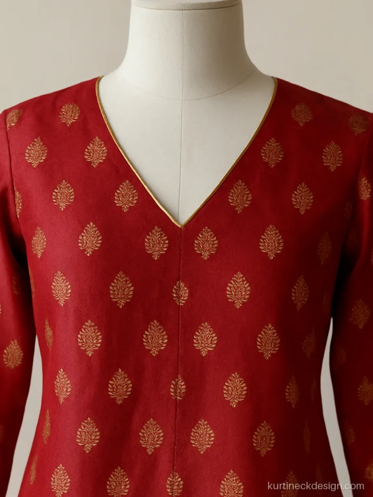 Banarasi suit neck design front with V neck and zari piping in red silk