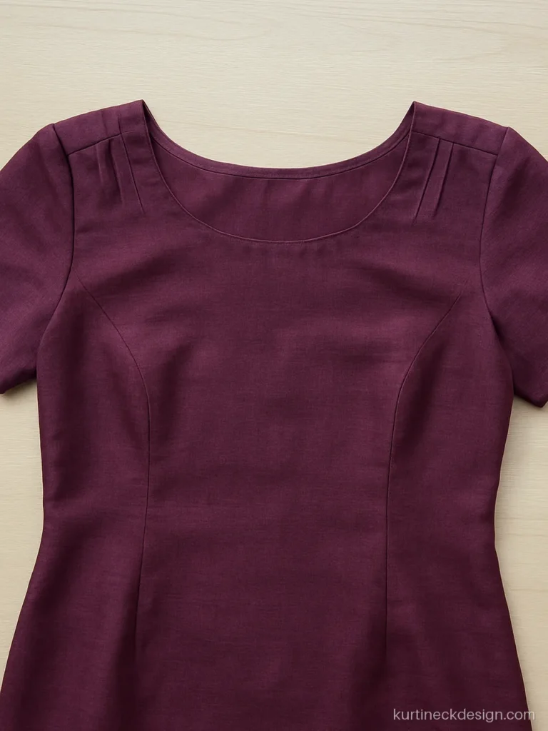 Plum silk kurti with boat neck and fine pleats on both shoulders