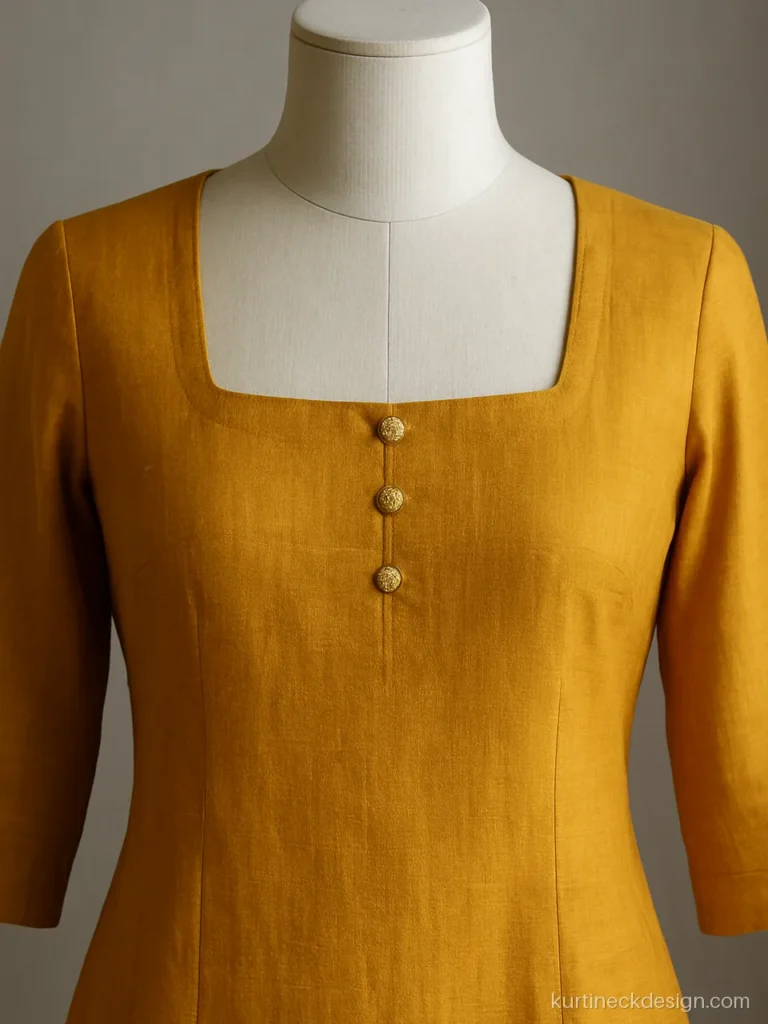 Silk kurti front neck design with square neck and potli buttons in mustard
