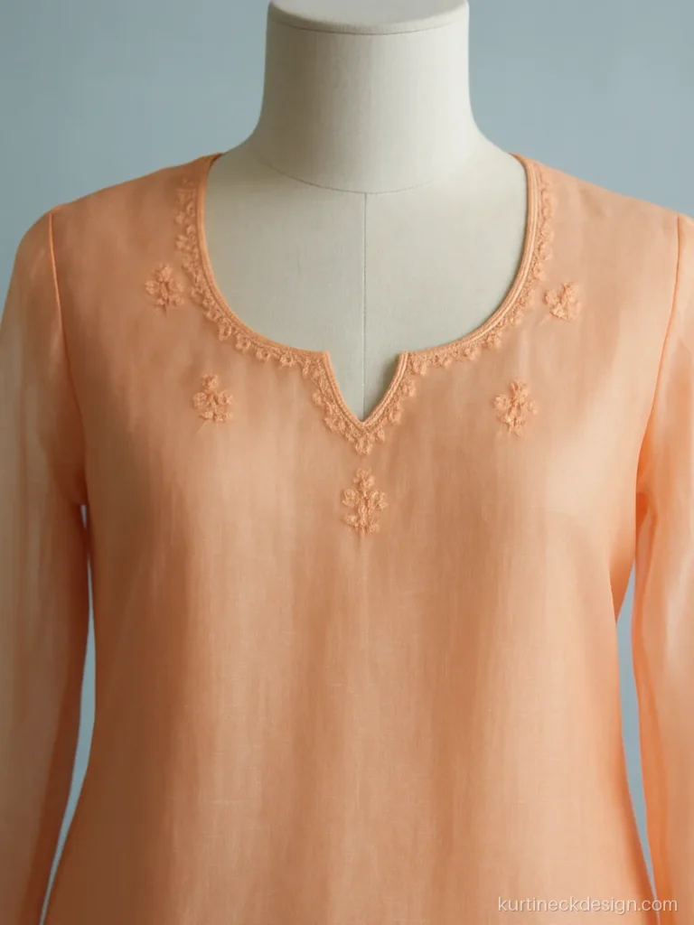 Organza suit neck design with embroidered scallop edge in peach