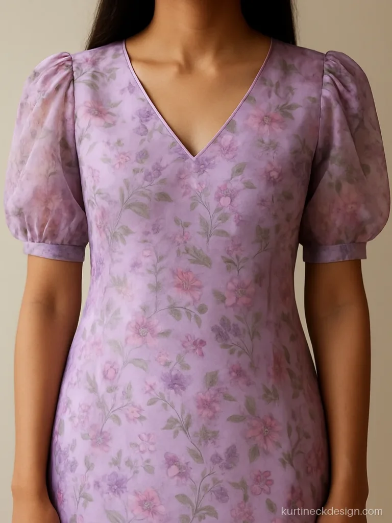 Organza kurti neck design with V neck and floral print in lilac