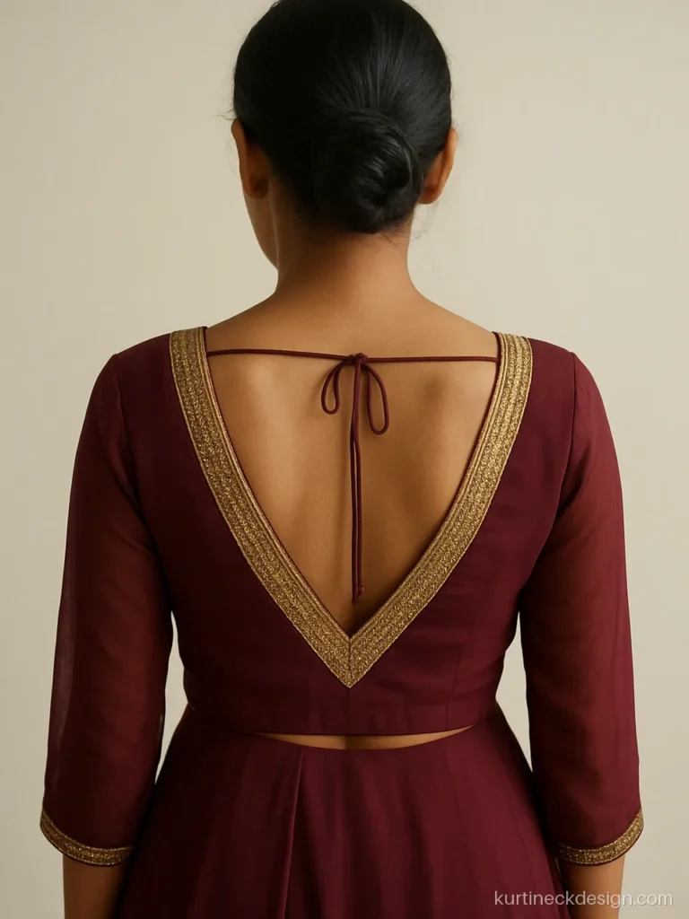 Party wear suit neck design back with deep V and zardozi border