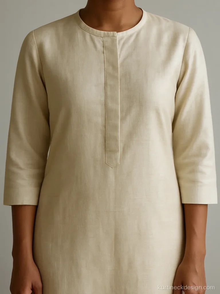 Silk suit neck design front with round neck and hidden placket in ivory