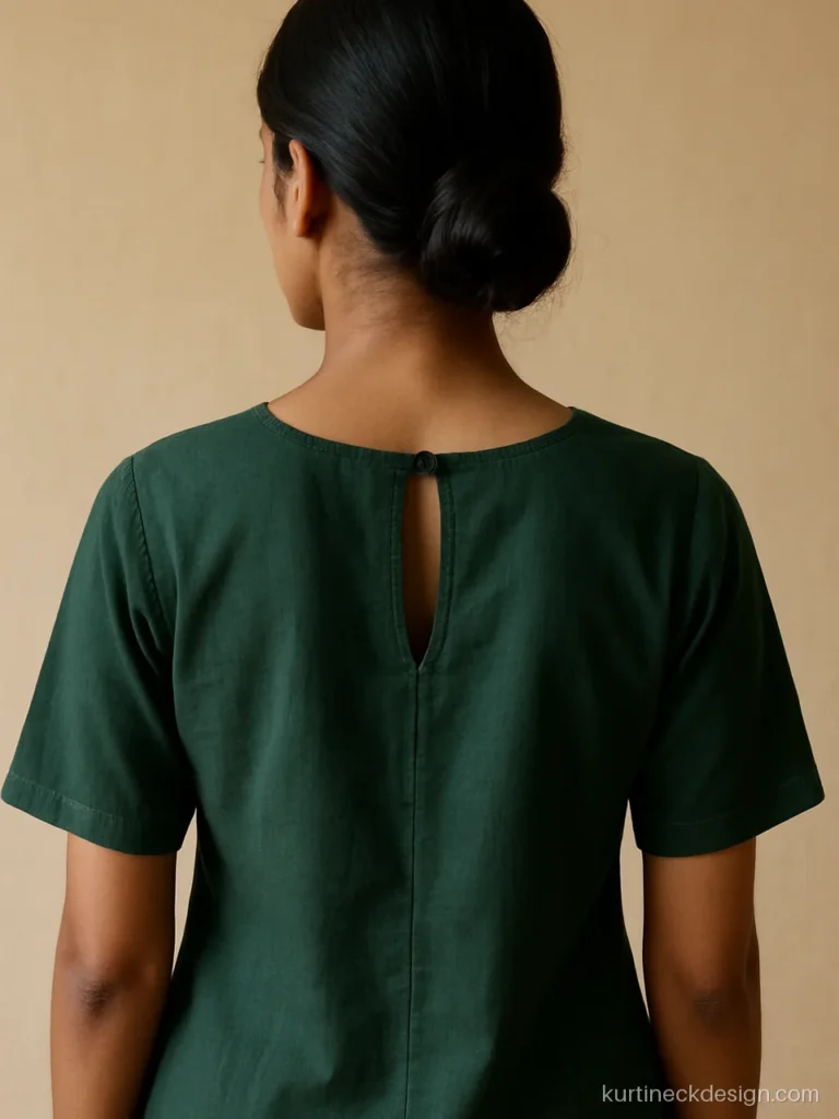 Simple round back neck with one loop button on a green cotton suit