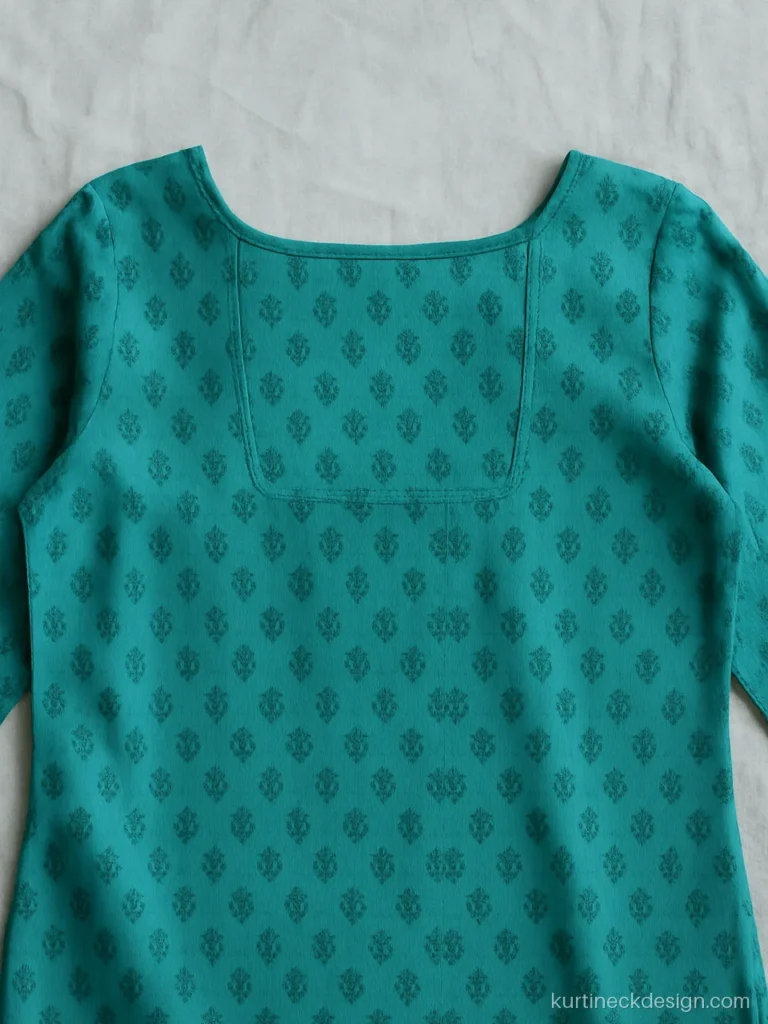 Square back neck on a turquoise printed cotton kurti laid flat
