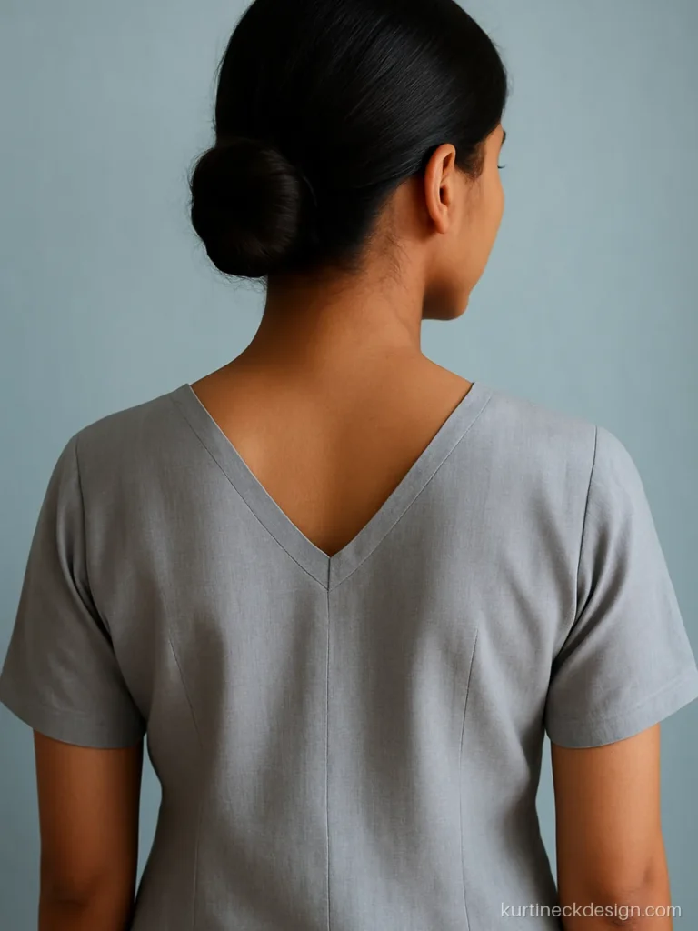Simple V back neck design on a dove grey rayon kurti