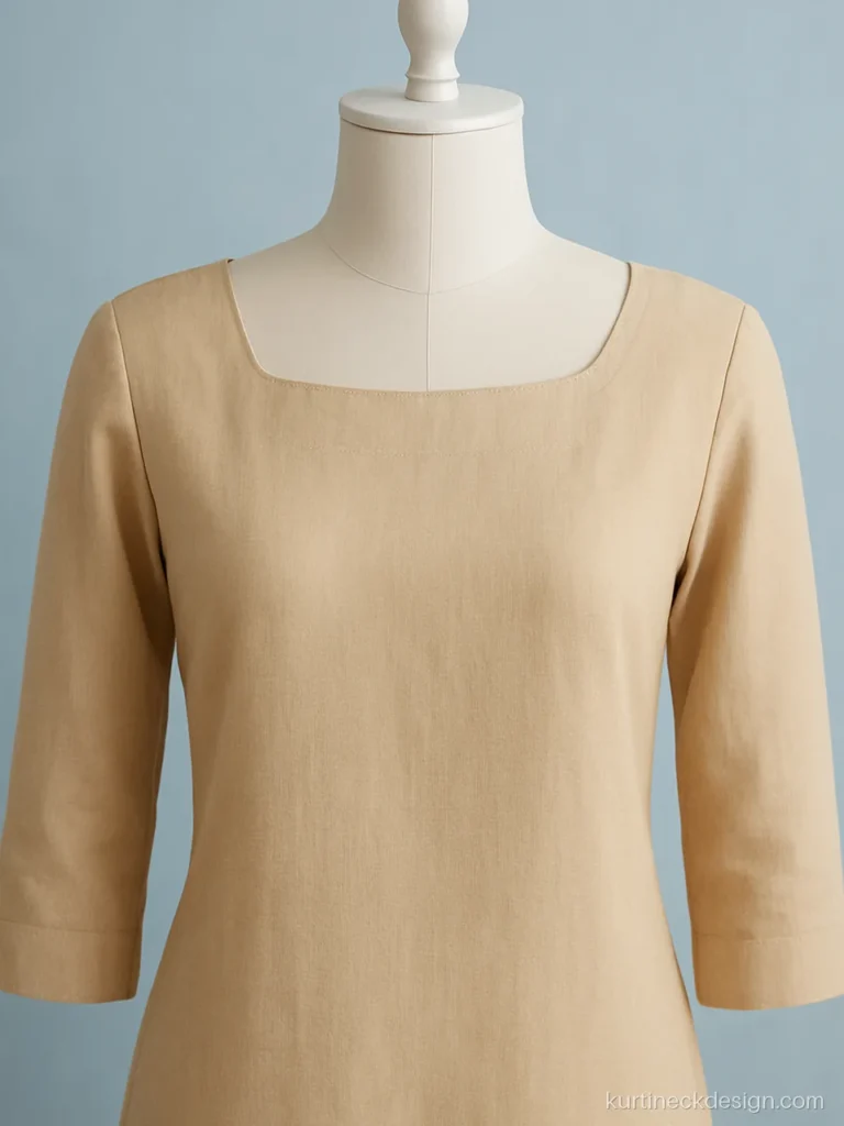 Simple boat neck on a beige cotton suit kurta with a straight edge