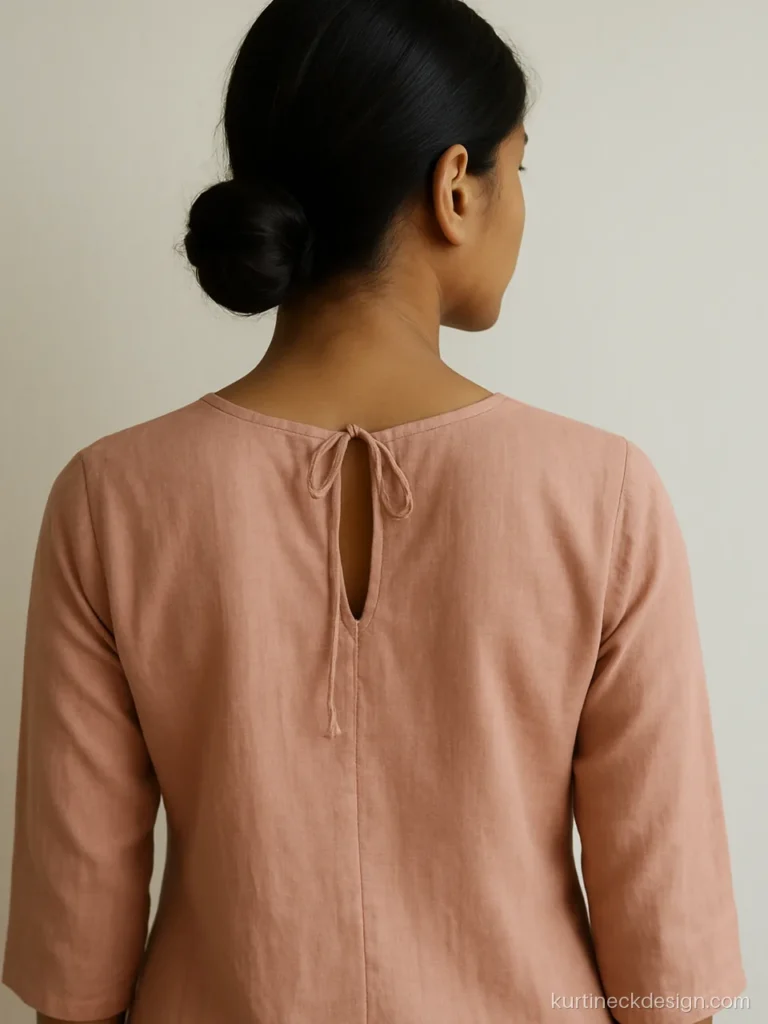 Simple keyhole back neck with a fabric tie on a blush voile kurti